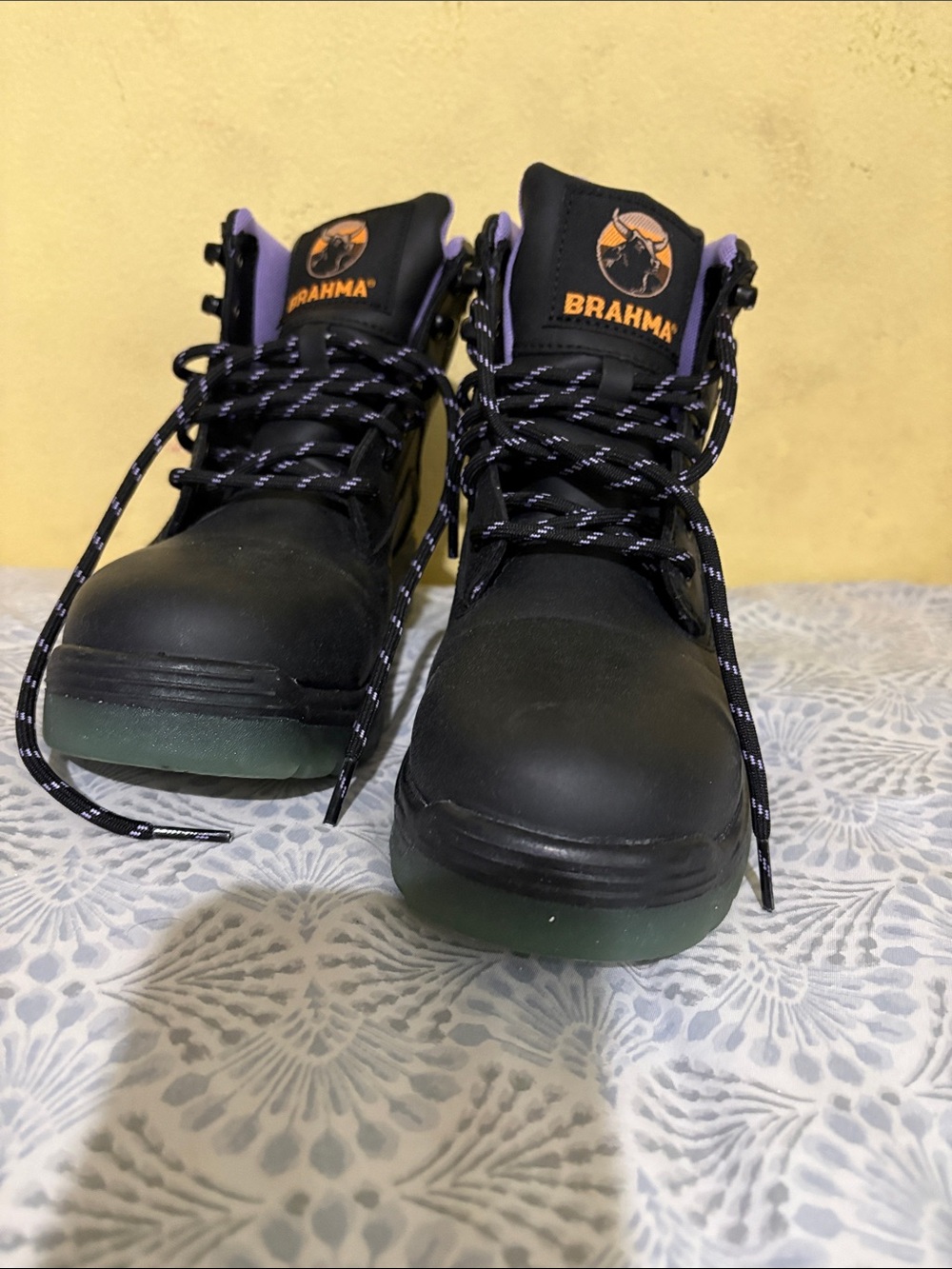Brahma Black Lace-Up Women's Work Boots with Purple Lining and Green Outsole